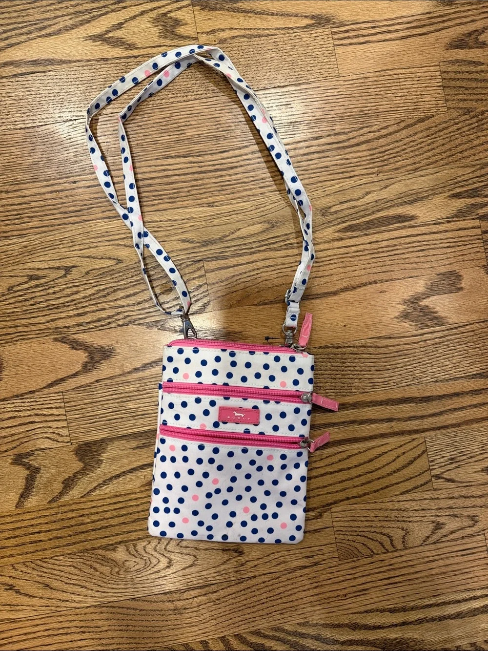 Scout White Navy Polka Dot Crossbody with Pink Trim